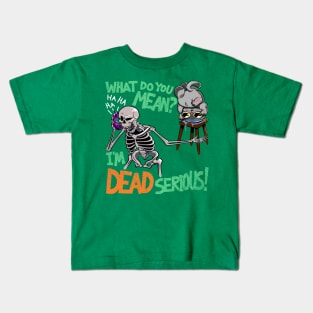 I'm Dead Serious! | Funny Cartoon Skeleton On Phone Grey Cat In Fishbowl Halloween Kids T-Shirt